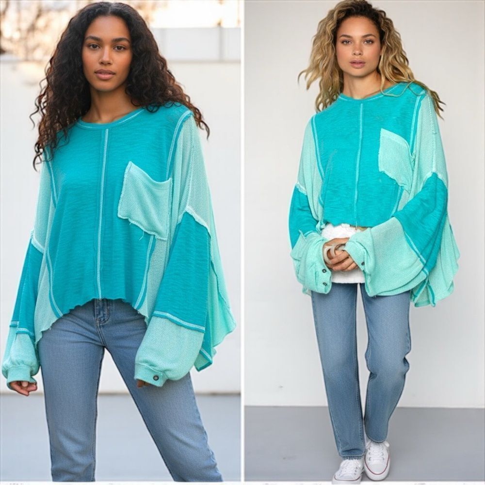 POL Oversized Top Boho Turquoise Green Round Contrast Stitching High-Low Large - Picture 4 of 7